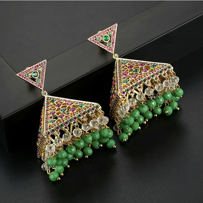 

Green Beads Drop Earring Vintage Copper Inset Zircon Jhumka Jhumki Women Retro Indian Ethnic Style Hollowed Out Party Jewelry