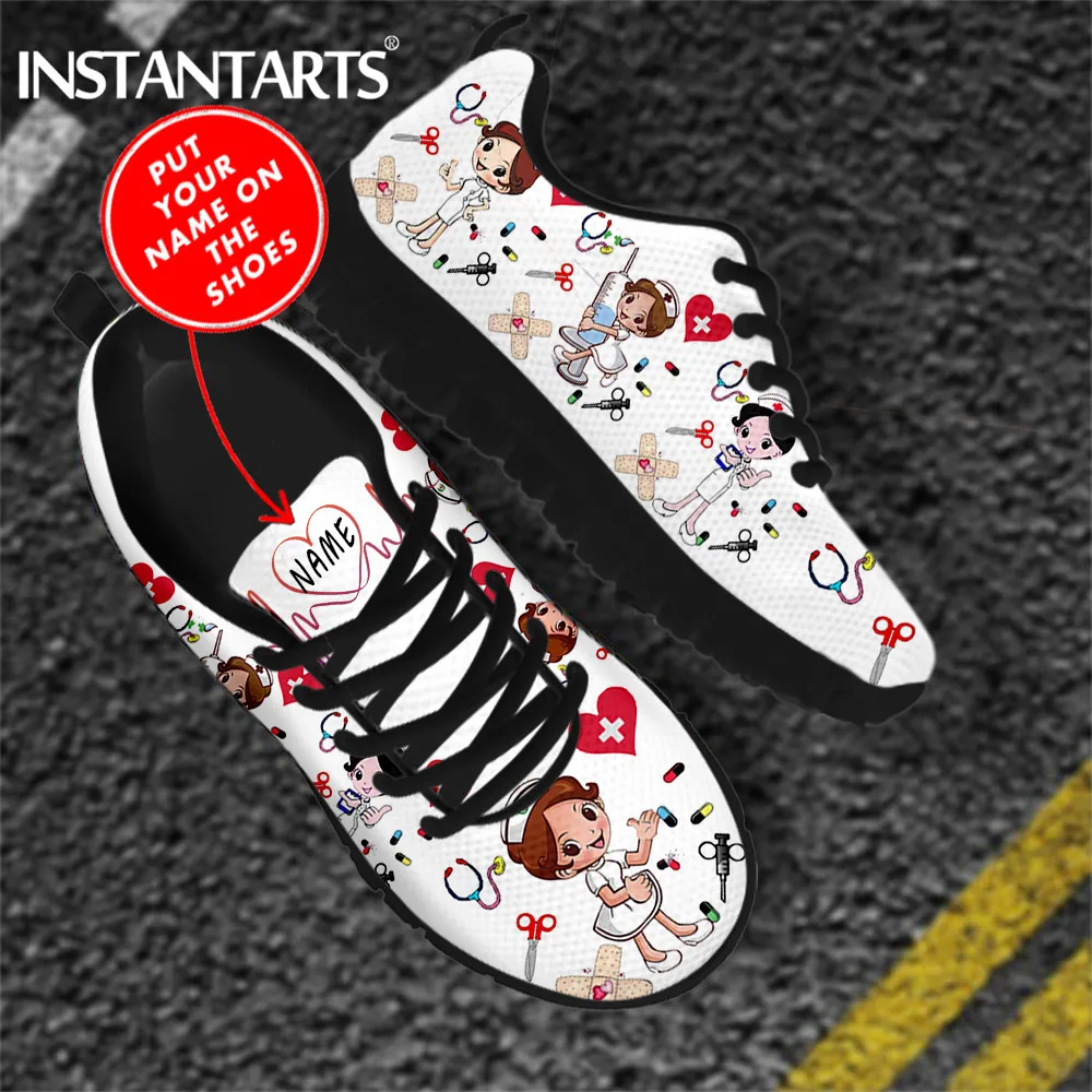 INSTANTARTS Custom Name Nurse Shoes Mesh Flat Sneakers for Women\'s Cute Cartoon Premium Sketch Physio Design Breathable Footwear