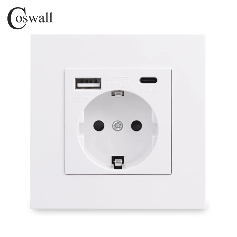 COSWALL EU Spain Russia Standard Wall Power Socket Grounded USB Type A & Type-C Charge Port 2A Maxi. PC Panel White E20 Series