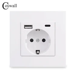 COSWALL EU Spain Russia Standard Wall Power Socket Grounded USB Type A & Type-C Charge Port 2A Maxi. PC Panel White E20 Series