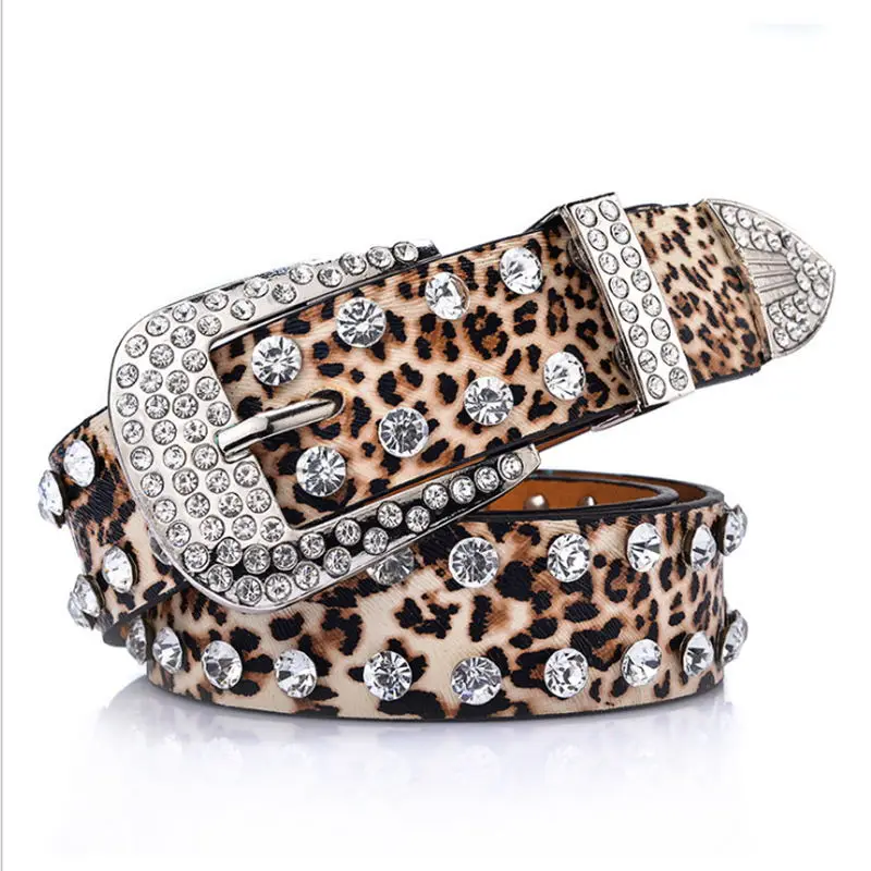 

Fashion Leopard Print Reversible Pin Buckle Inlaid Fashion Rivet Belt Ladies Wild Belt Chain Rhinestone Metal Belt