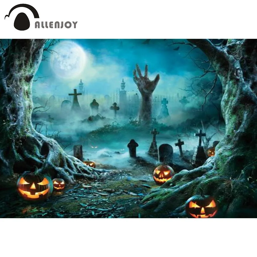 Allenjoy Pumpkin Lanterns Halloween Party Backdrop Full Moon Night Hand Trees Grave Tombstones Cross Foggy Horrible Background