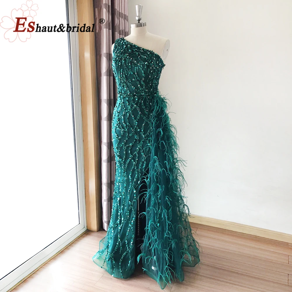 Vestidos de Noche verde de lujo con un hombro dividido para mujer, vestidos elegantes de sirena con cuentas y plumas para fiesta Formal de boda 2023