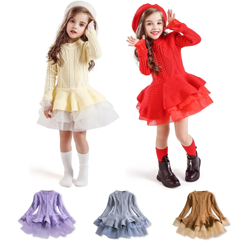 Birthday Party Clothes Casual Girls Dress Thick Warm Knitting Dress for Girls Christmas Dress Kids Children\'s Clothing Winter