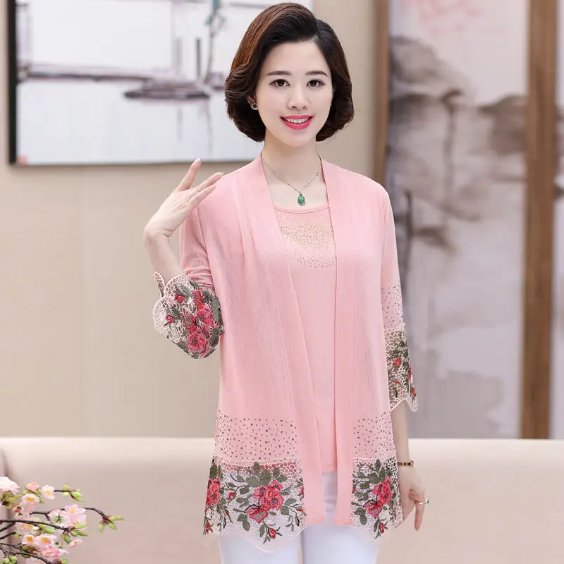 Heavy Industry Lace Embroidery Stitching Women 2pcs Suit Fashion Middle-Aged Mom Summer Shawl Cardigan Two-piece Set Vintage 5XL