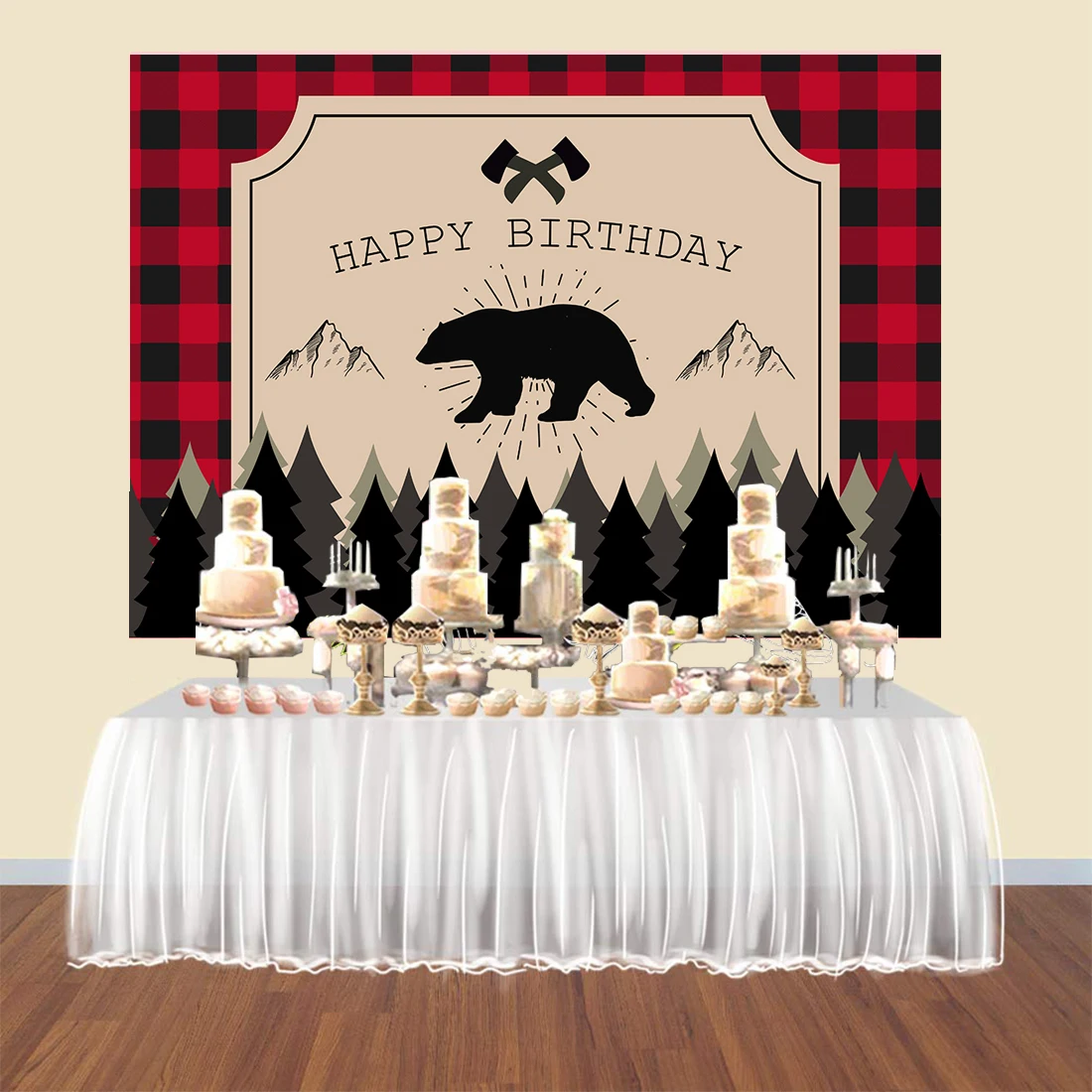 Lumberjack 1st วันเกิดเด็กสีแดงสีดำ Buffalo ลายสก๊อต Camping ผจญภัย Tribal Party Table Decor แบนเนอร์พื้นหลัง