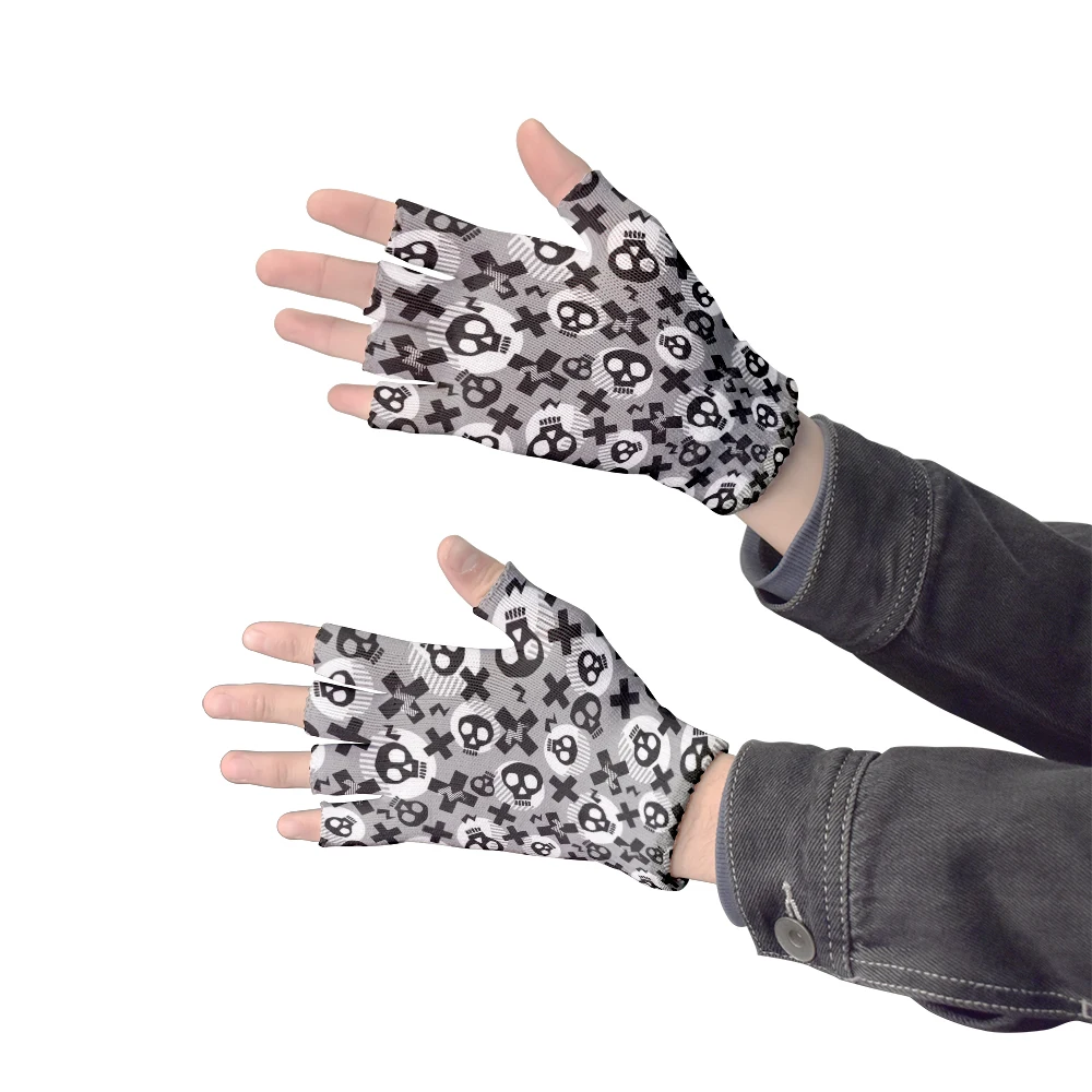 Hip Hop Gloves 3D Skull Print Unisex Winter Knitted Half Finger Gloves Women\'s Windproof Riding Touch Screen Fingerless Gloves