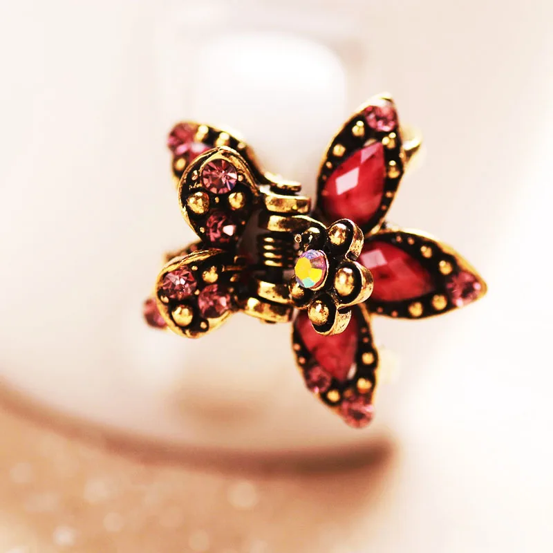 Flower Hair Jewelry Retro Rhinestone Small Hair Claw Crab Antique Metal Hair Clip For women Hair Accessories