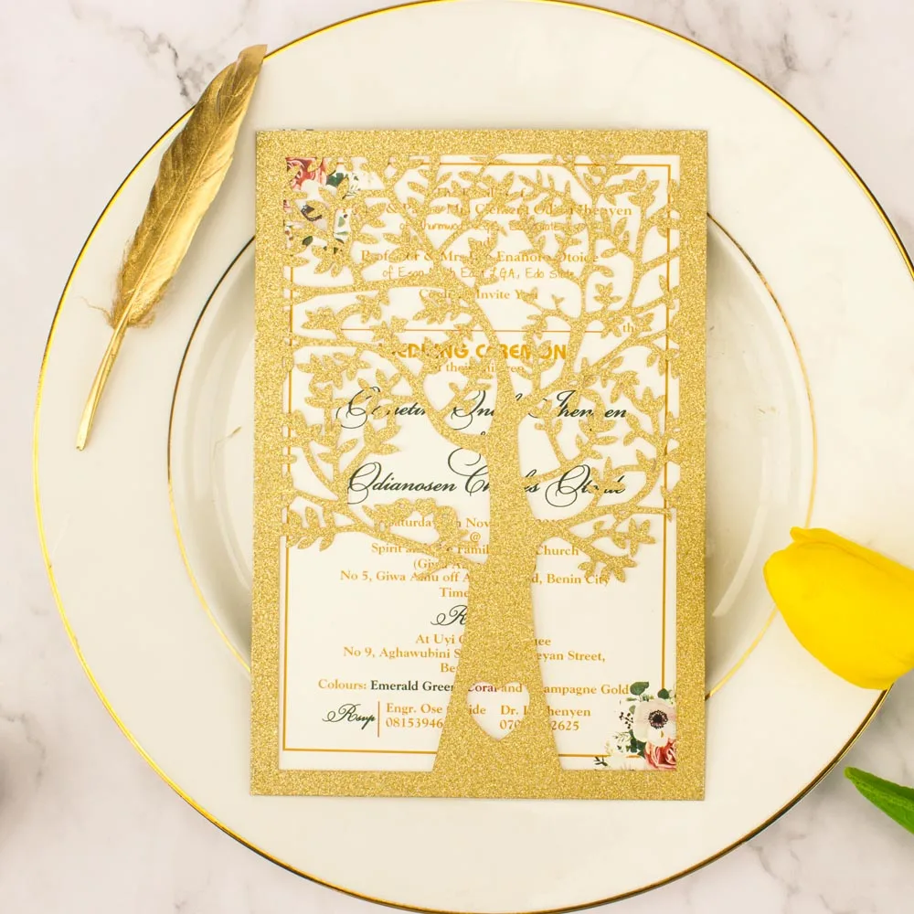 1X Laser Cut White Red Navy blue Gold Gray Tree Gate fold Wedding Invitations Cards Party Invite Bridal shower Greeting Birthday