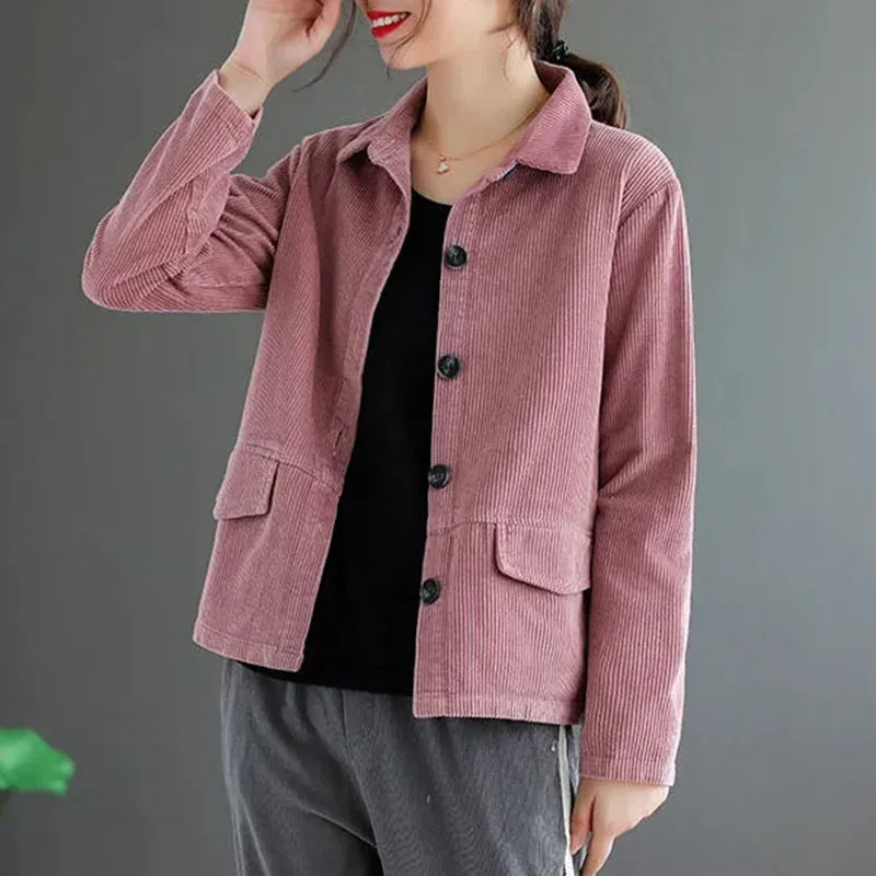 Corduroy Long-Sleeved Short Jacket Women\'s 2024 Spring Autumn New Pure Color Corduroy Coat Femalet Single-Breasted Thin Top A245