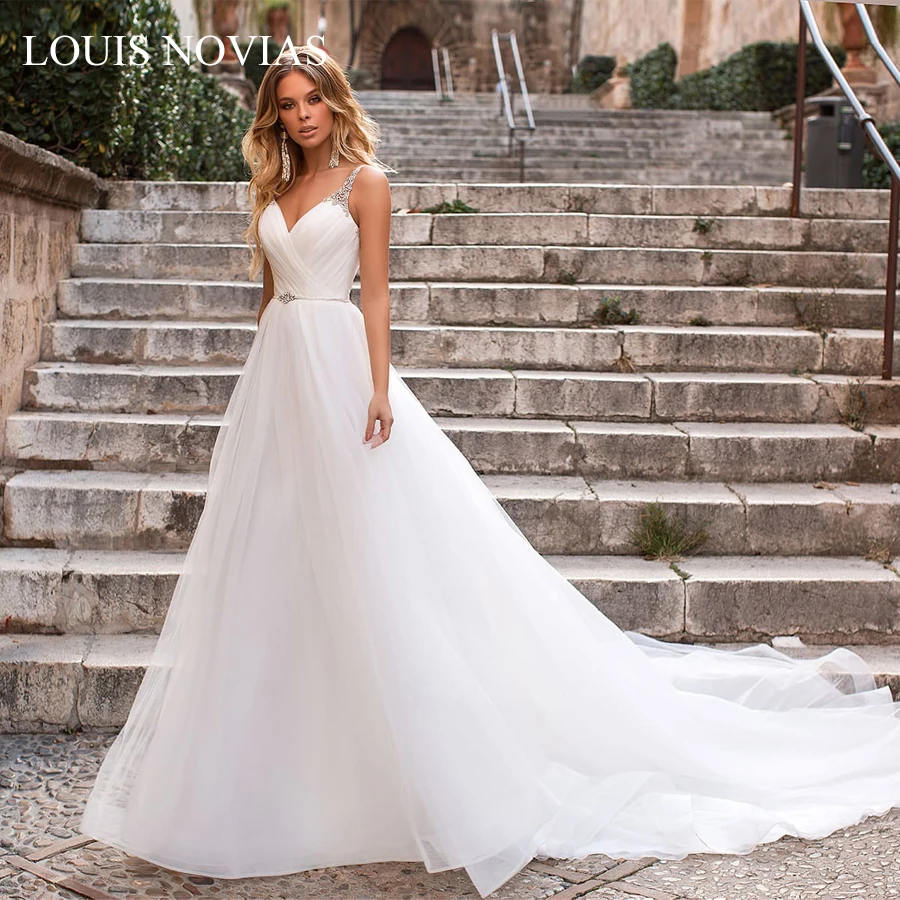 Свадебное платье LOUIS NOVIAS2020, новинка, простое свадебное платье с тонкой бретелькой и V-образным вырезом, с открытой спиной, свадебное платье для невесты во французском стиле