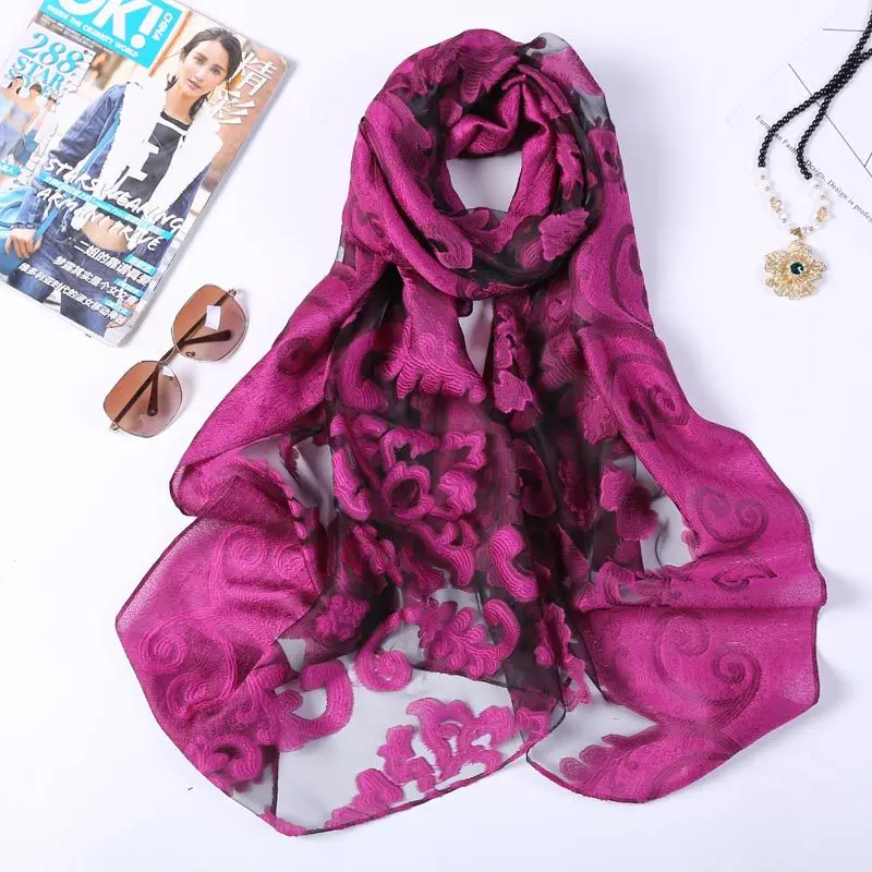 Hot Selling 180*70 Organza Silk Embroidery Floral Scarves Women Winter Shawls Hijab Lace Wrap Poncho For Euro USA