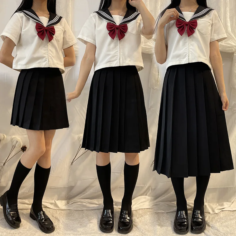 Women Skirt Elastic Waist Japanese Student Girls School Uniform Solid JK Pleated Skirt Short/Middle/Long Skirt A-Line Streetwear