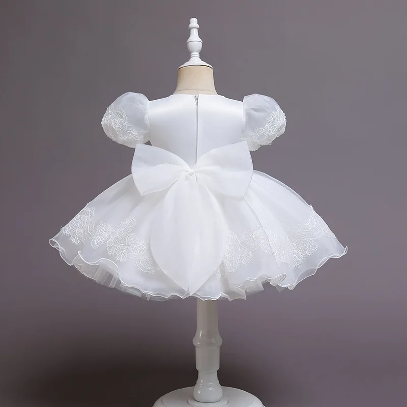 Puff Sleeve Embroidery Big Bow Baby Girl Baptismal Dress Pearl Princess Kid's Dress Toddler Clothes For Newborns Vestidos 1 3 6Y