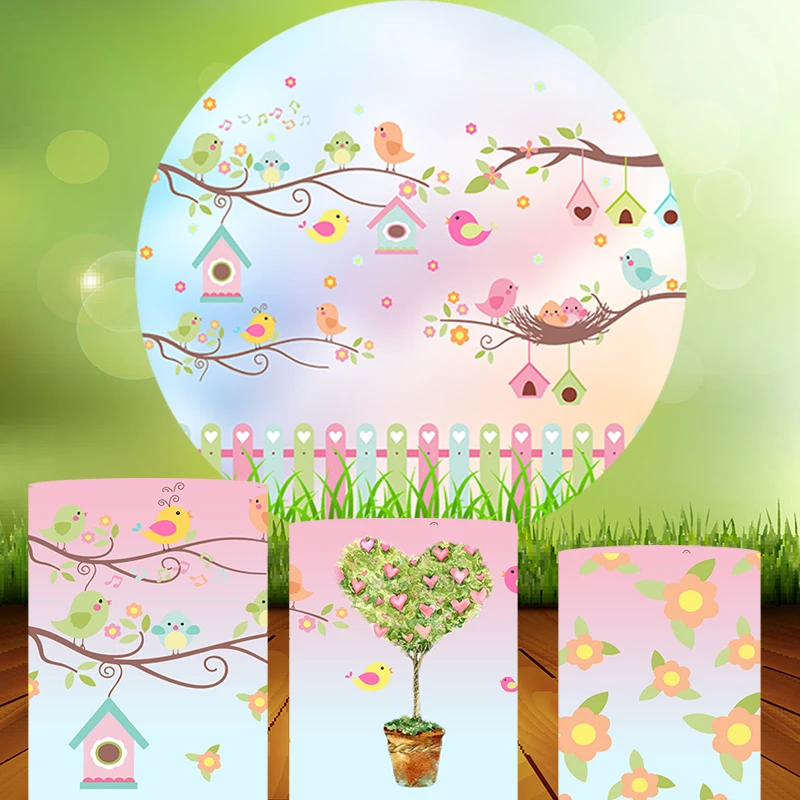 Pink Spring Garden Flower Circle Backdrop Baby Shower Birthday Party Decora Candy Table Cylinder Cover Birds Round Background