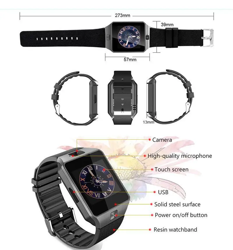 Digital Touch Screen DZ09 Smart Watch Support TF Card SIM Camera Sport Bluetooth Wristwatch for Samsung Huawei Android Phone