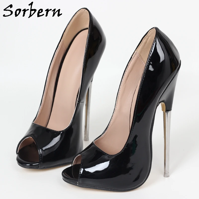 Sorbern Black Women Pumps Metal High Heels 18Cm Sexy Fetish Lady Boy Peep Toe Heeled Unisex Slip On Crossdresser Shoes Custom