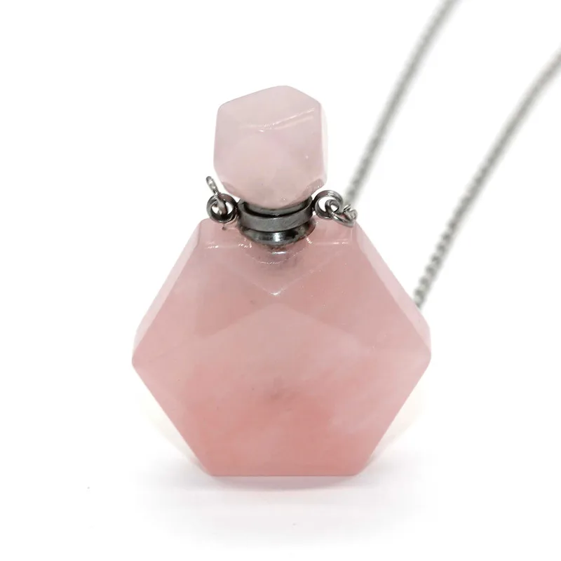 Crystal Hexagram Necklace For Women Natural Rose ink Quartz Stone Perfume Bottle Pendant Diffuser Stainless Steel Chain Jewelry