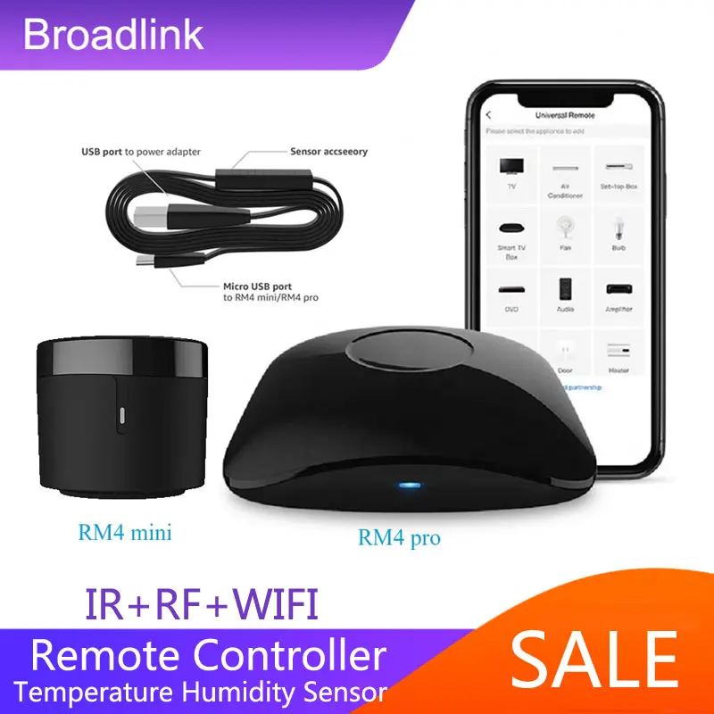 

Универсальный беспроводной концентратор BroadLink RM4 Pro + HTS2 с датчиком температуры и влажности, умный дом