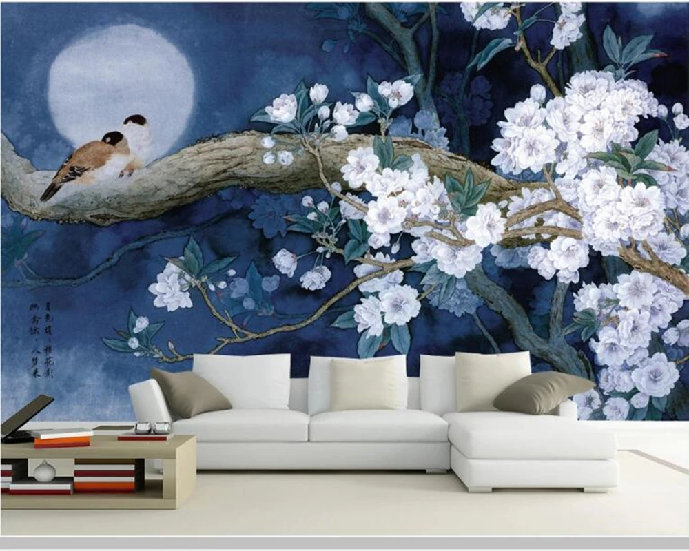 

Papel de parede Chinese style flower and bird moon night 3d wallpaper,living room kids'bedroom wall papers home decor bar mural