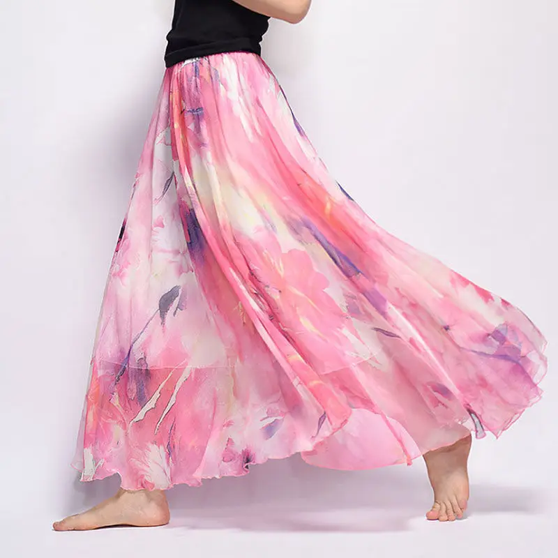 Women\'s Multicolor Floral Long Skirts, Elastic Waist, Printed Skirt, Mid-length, Elegant Pleated, Summer, New, 2021