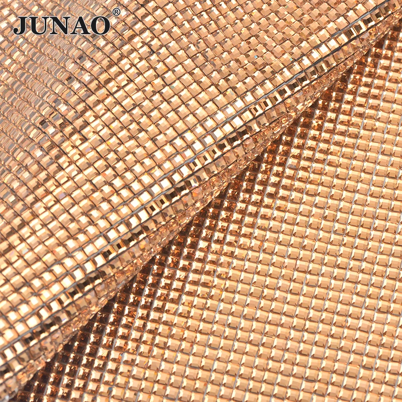 

JUNAO 24*40cm Hot Fix Square Rhinestones Mesh Fabric Glass Crystal Ribbon Trim Strass Crystal Applique for DIY Crafts