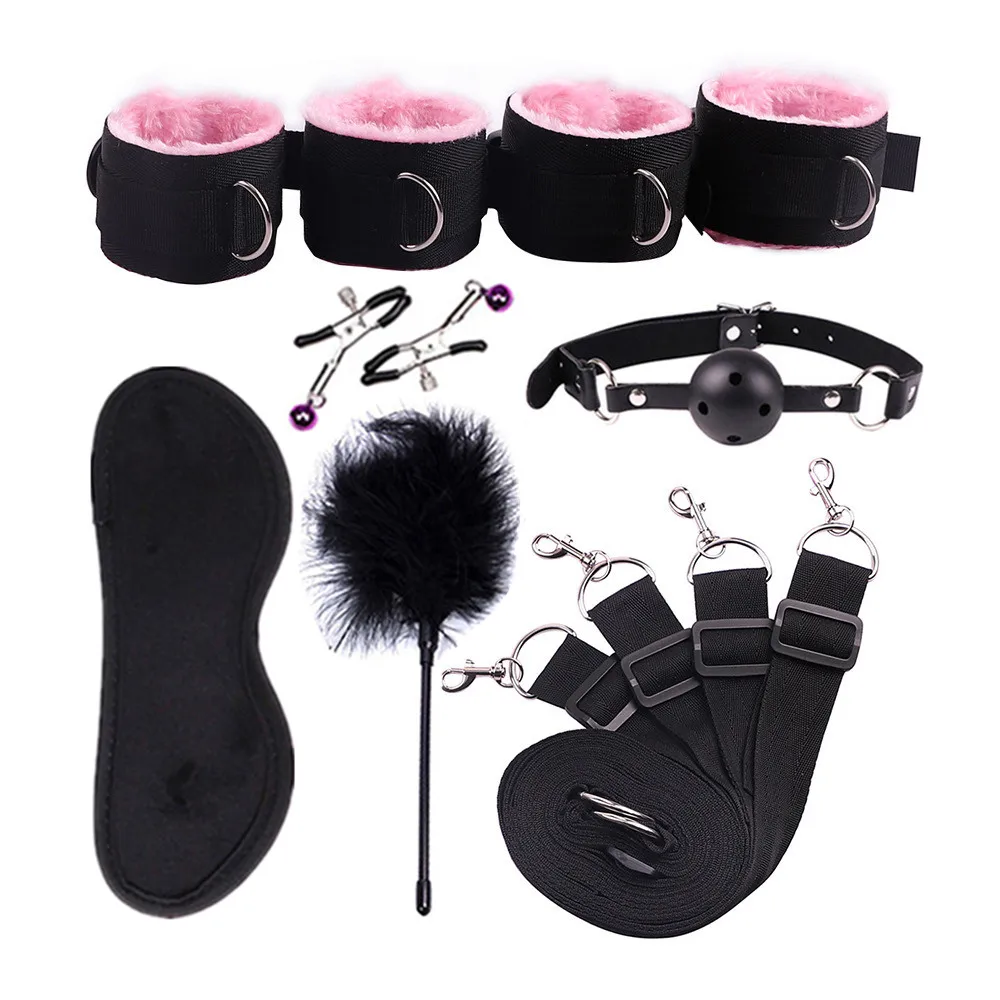 Couple Sex Toys BDSM Bed Restraint Equipment Set Sex Erotic Handcuffs Ankle Eye Mask Whip Anal Plug Alternative Training Game