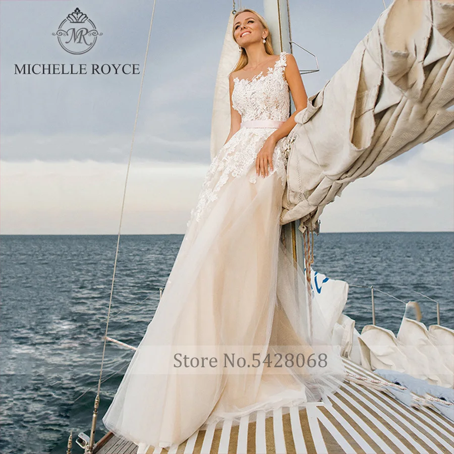 Michelle Royce A-Line vestidos De Novia para mujer elegante un hombro apliques fajas capilla tren Vestido De Novia Vestido De Novia