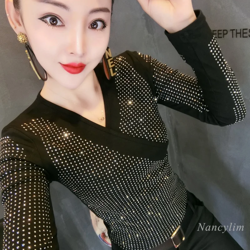 Rhinestone Long-Sleeved T-shirt Spring and Summer New Women's Slim Fit V-neck Elegant Diamond Top Black Nancylim