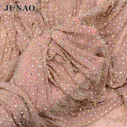 JUNAO SS16 1x1,5 metra Nude Mesh With AB Glass Rhinestone Fabric Sewing Elastic Mesh Strass Trim Crystal Applique for Clothes