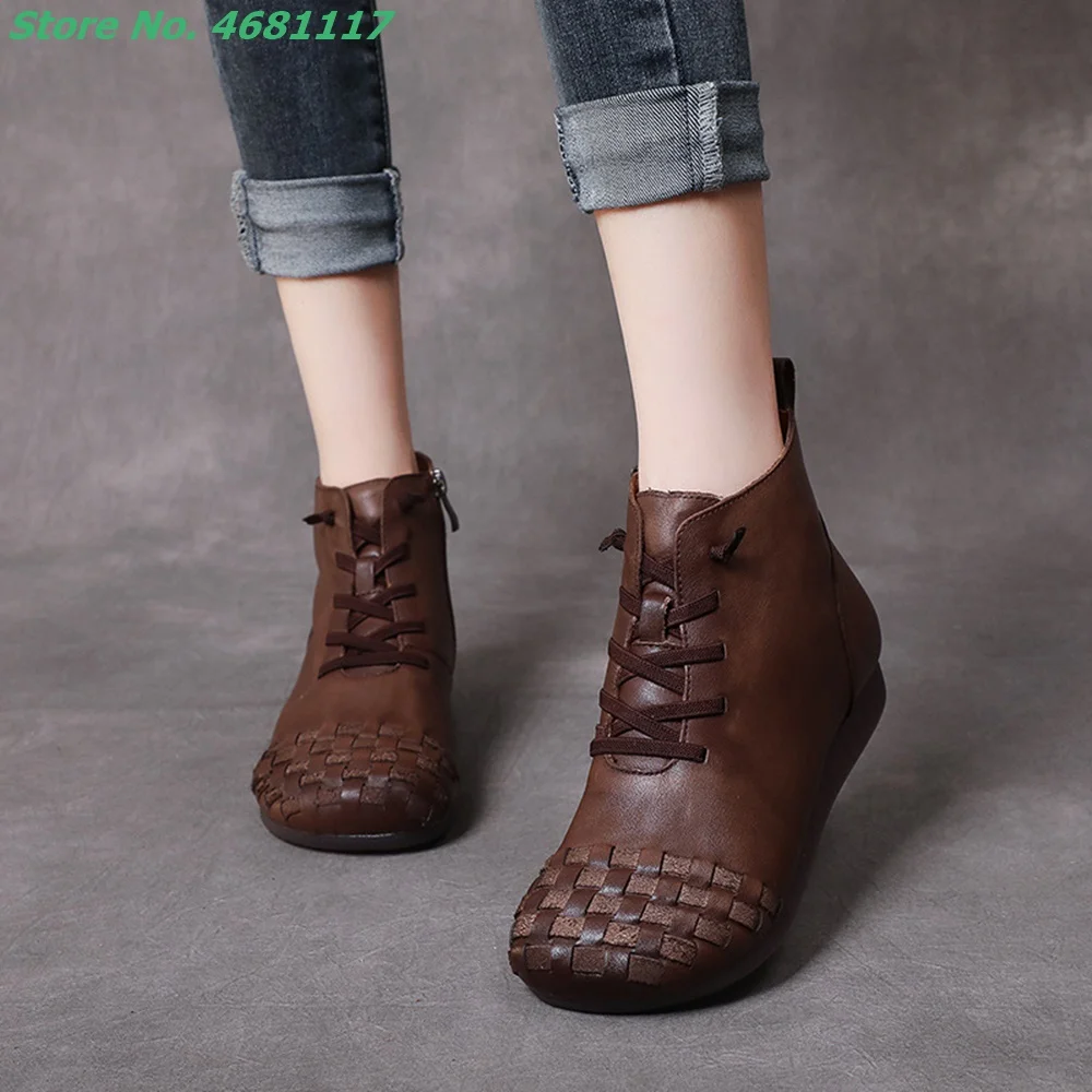 

Weave Round Toe Low Heels Flat Ankle Boots Side Zipper Outfit Block Heels Front Lace Up Brown Fashion Shoes Casual Boots Autumn