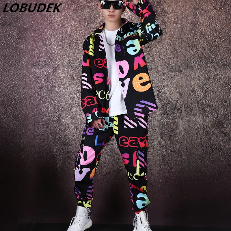 Men Letter Graffiti Printed Shirt Harem Pants Set Dancer Team Hip Hop Jazz Dance 2 Piece Casual Stage Performance Costume