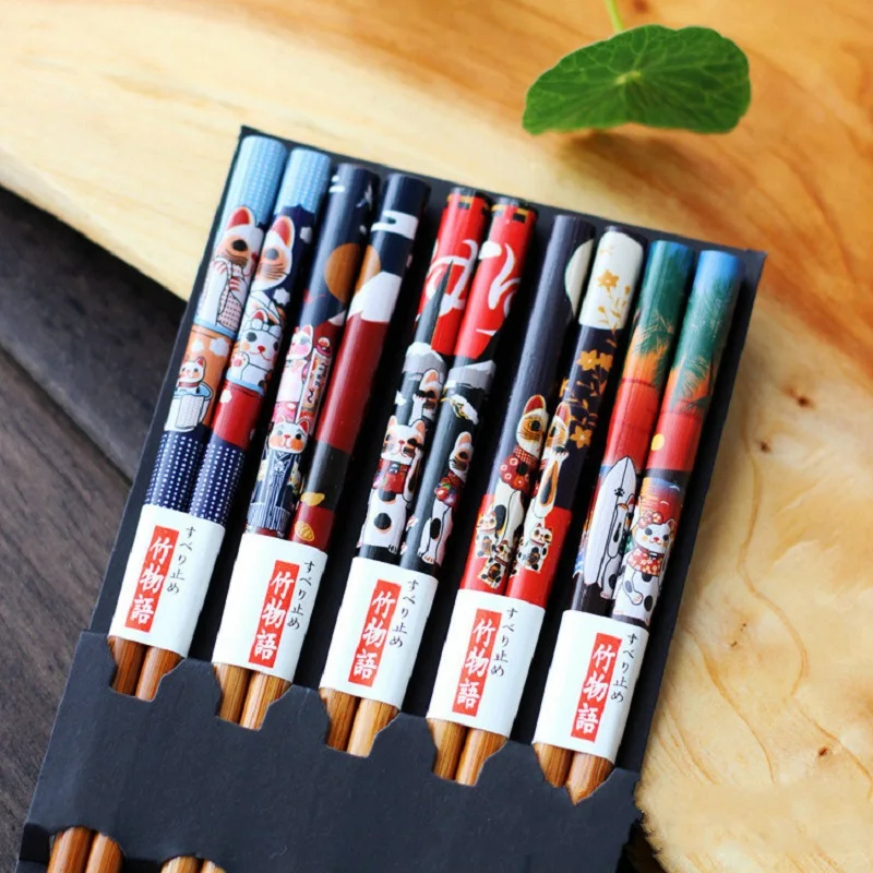 Reusable 5 Pair Set Handmade Bamboo Japanese Natural Wood Chopsticks Sushi Food Cat Flower Multi color Wooden Chop sticks