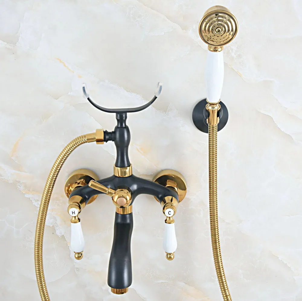 

Black Gold Color Brass Wall Mount Bathroom Tub Faucet Dual Ceramic Handle Telephone Style Hand Shower Clawfoot Tub Filler ana544