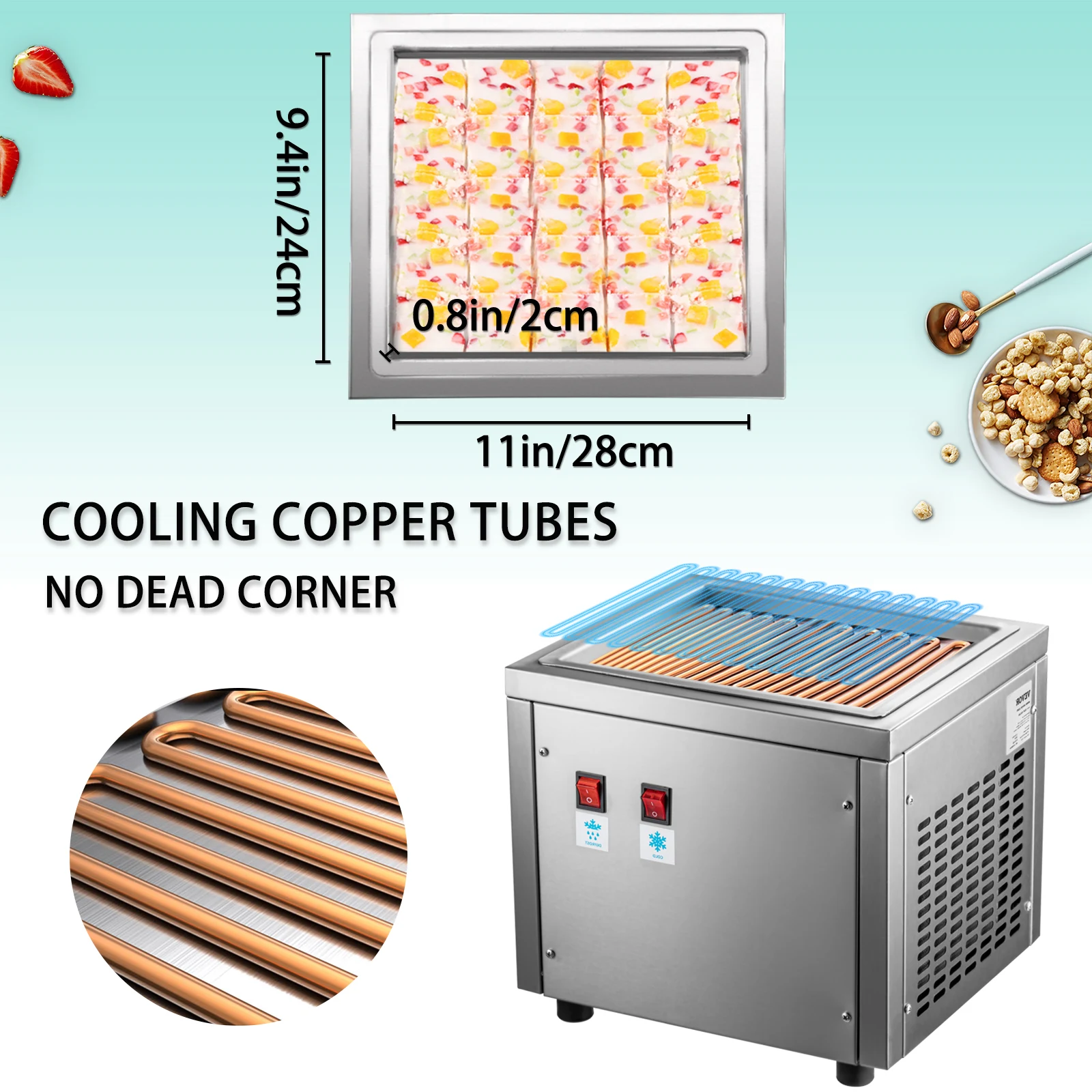 Vevor 280W เครื่องทำไอศกรีมทอดเชิงพาณิชย์ขนาด24X28ซม. กระทะสี่เหลี่ยมแบบเดี่ยวเครื่องทำไอศกรีมไอศกรีมที่บ้านทำจากสแตนเลส