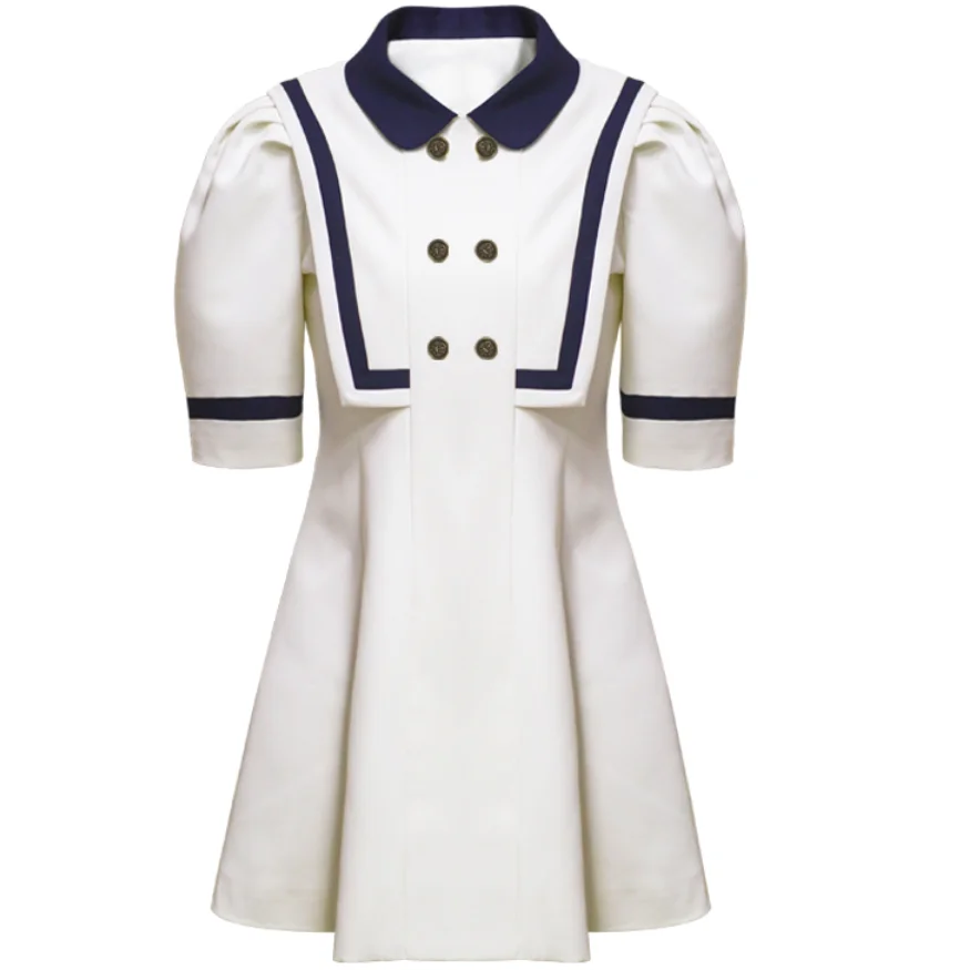 

2022 summer vintage Puff sleeve dress women sailor collar hit color preppy style high waist a-line dress