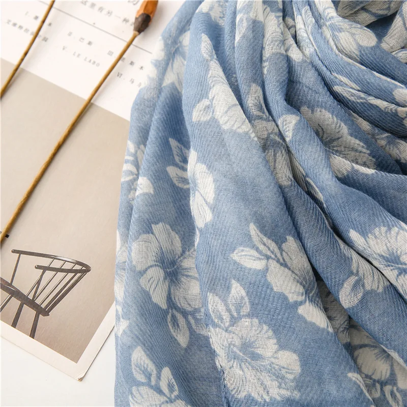 2024 Fashion Sky Blue Penoy Floral Tassel Viscose Shawl Scarf Lady Print Soft Wrap Pashmina Stole Bufandas Muslim Hijab 180*90Cm