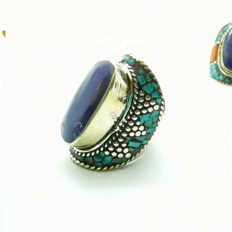 Tibetan Big Rings for Man White Metal Copper Inlaid Colorful Stone Ring R061