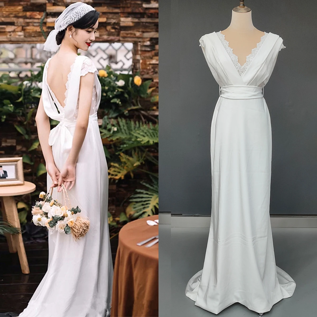 Robe de mariée en mousseline de soie, Vintage, grec, col en v, traîne au dos, sur mesure, dos nu, Photos réelles, gaine florale, dentelle froncée