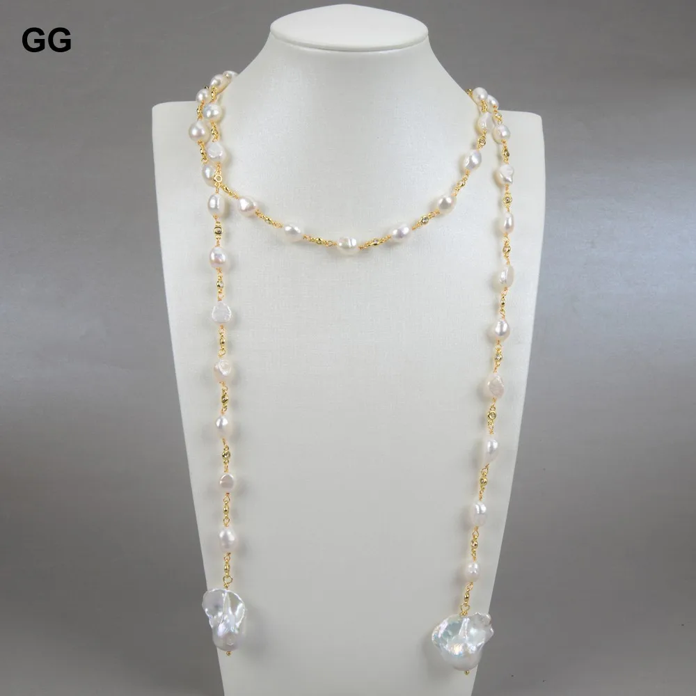 128cm Freshwater White Keshi Pearl white baroque pearl Mixed Color Cubic Zirconia Pave Chain Long Necklace women jewelry