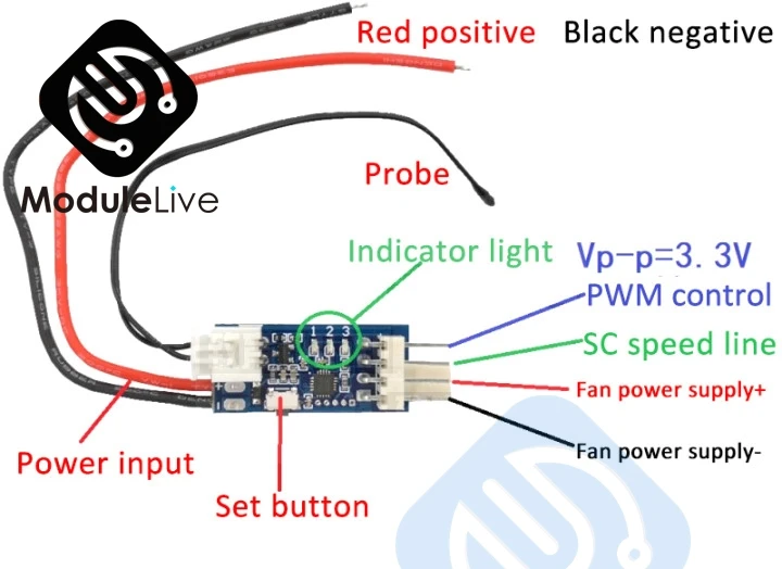 Ultra-small 5V 12V 4 Wire PWM Fan Temperature Control Governor Cabinet Computer Fan Temperature Control Noise Reduce 10cm Probe