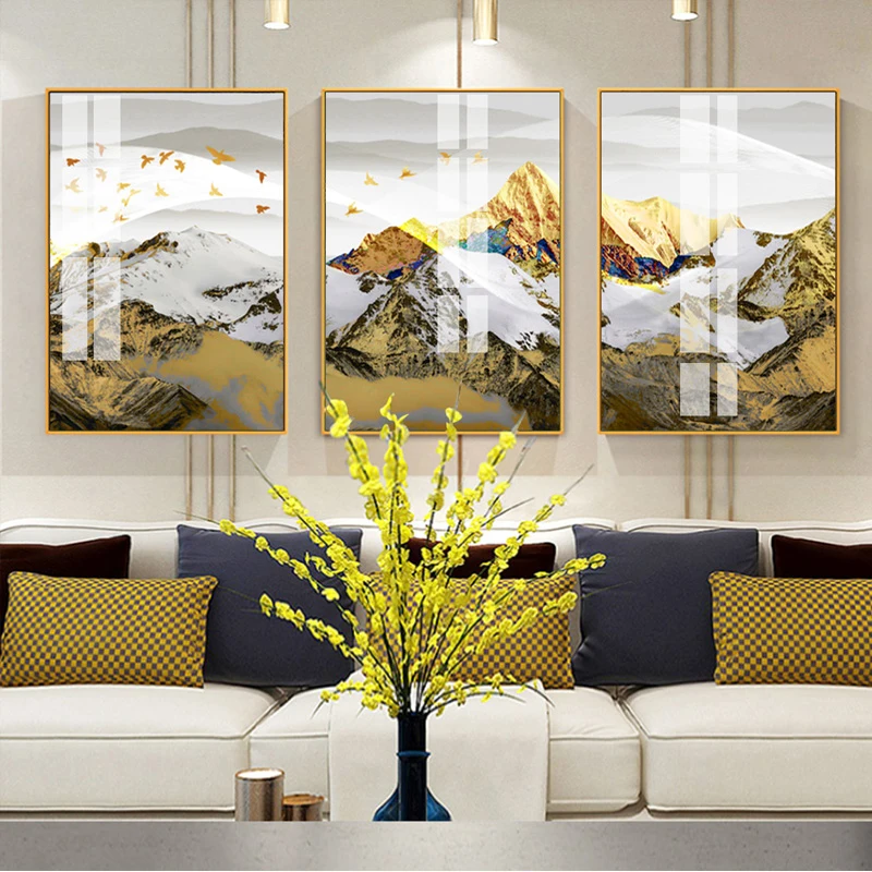 

3set Golden Mountain Snow Mountain Landscape Painting Canvas Painting Nordic Abstract Luxury Painting for Living Room Decoration