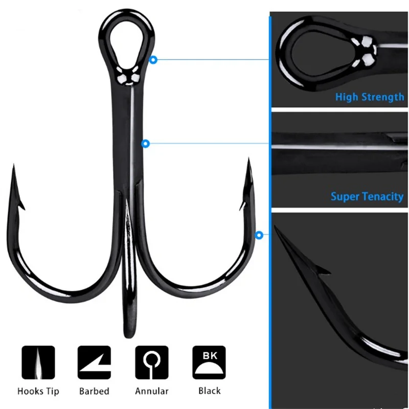 10Pcs/Lot High Carbon Steel Sharp Treble Hooks For Lure 2/4/6/8/10# Black Barbed Fishing Hook Tackle For Bass Peche Carp