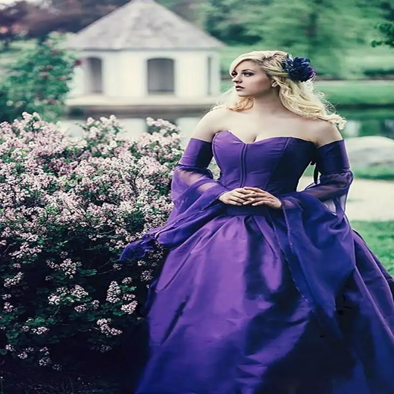 Gothic Ball Gown Purple Wedding Dresses With Cloak Removable Bell Sleeves Cheap Country Wedding Dress 2021 Lace Up bridal gown