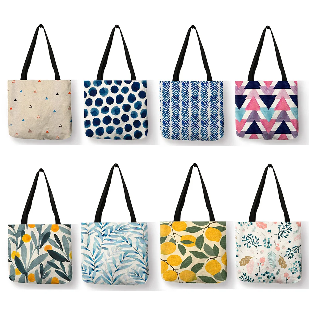 Eco Linen Foldable Tote Bags Geometric Pattern Dot Fresh Leaf Printing for Female Shopping Bags Large Capacity Storage Bolsa