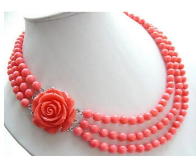 

real natural 3row 7-8mm pink coral Beautiful atmosphere Rose Button necklace leather longer women Fashion Jewelry17-18inch