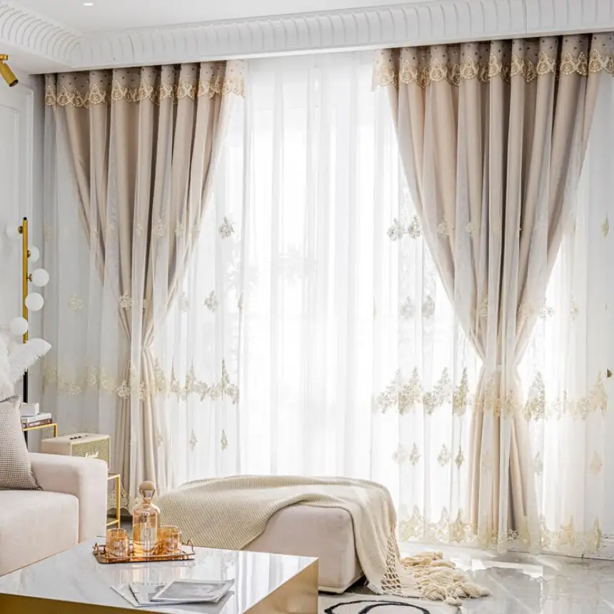 

Eropean Double Layers Pearl Embrodied Curtains for Living Room Beige Princess Curtain for Bedroom Bay Window Tulle Cloth Drapes