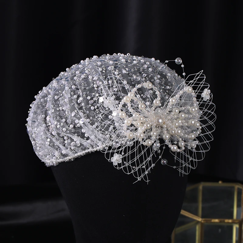 White Simulated Pearl Headband Fascinator Hat Vintage Wedding Bridal Headpiece Hairbands Hair Accessories Handmade Birdcage Veil