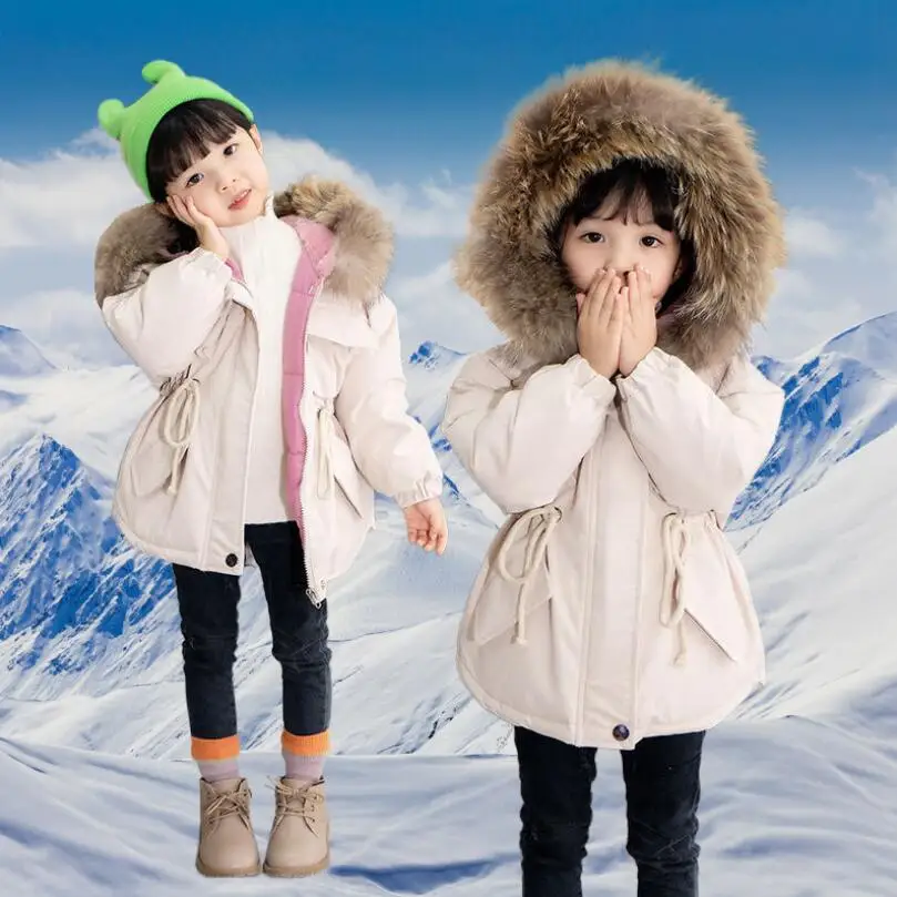 

Winter thicken warm coat for 1-6T little kids fur collar hooded baby girls long jacket toddler clothes children windbreaker suit