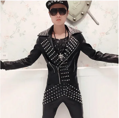 Nightclub DJ singer punk rock rivets leather jacket stage costume slim fit motorcycle biker jackets men vintage casual coats